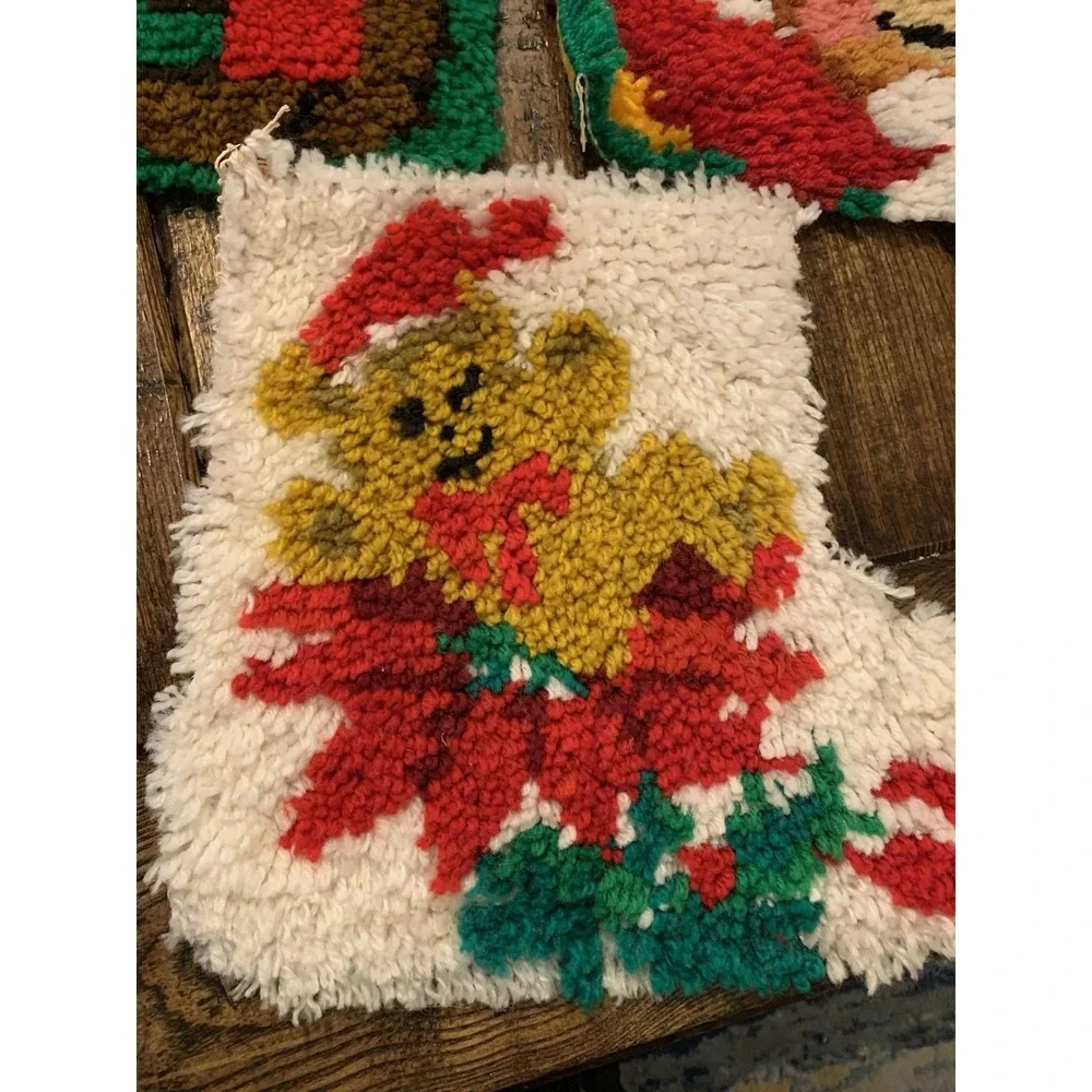Adorable Vintage Christmas Latch Hook Set Of 3  Wall Hanging Bears  12x12